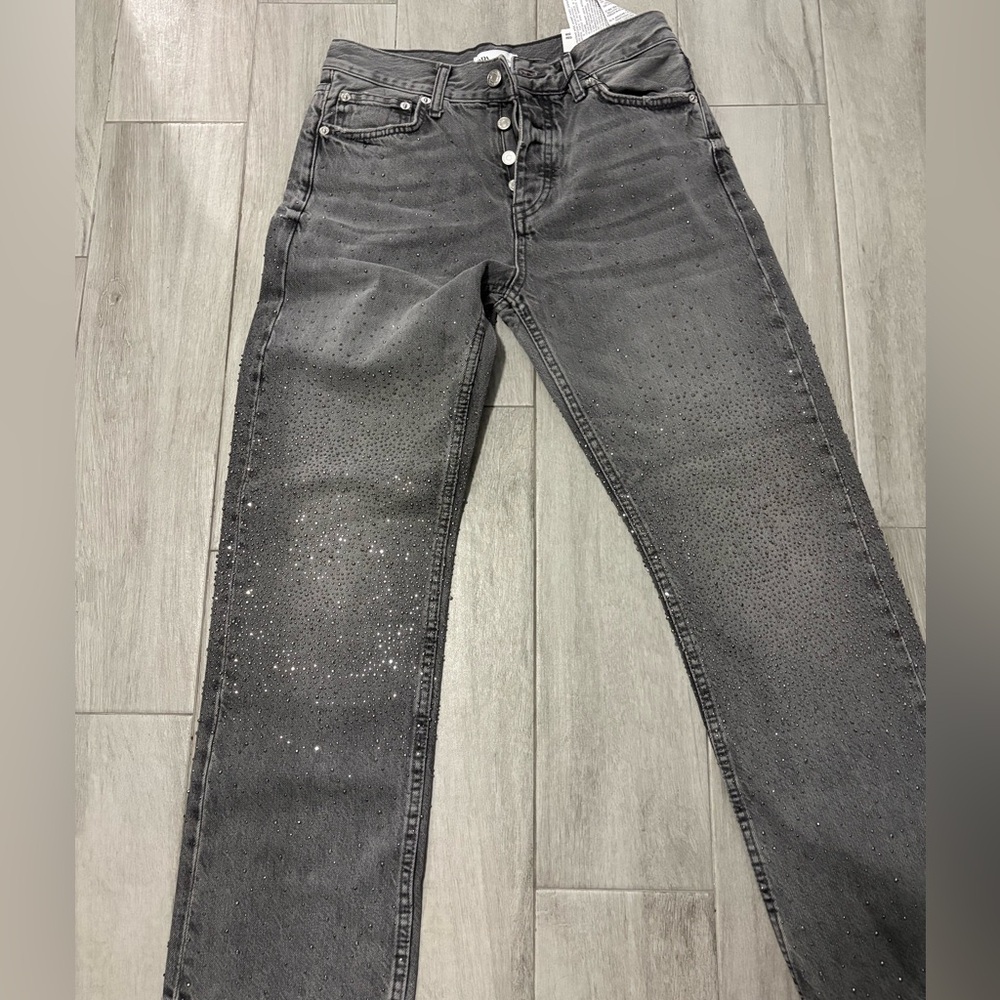 Zara Gray Straight-Leg Jeans with Sparkle Accents